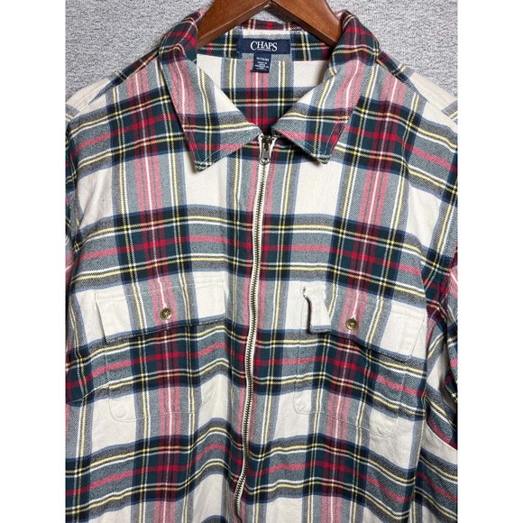 Chaps Shirt Men 1X Plaid Long Sleeve Full Zip Chest Pockets Casual Red White - Picture 2 of 9